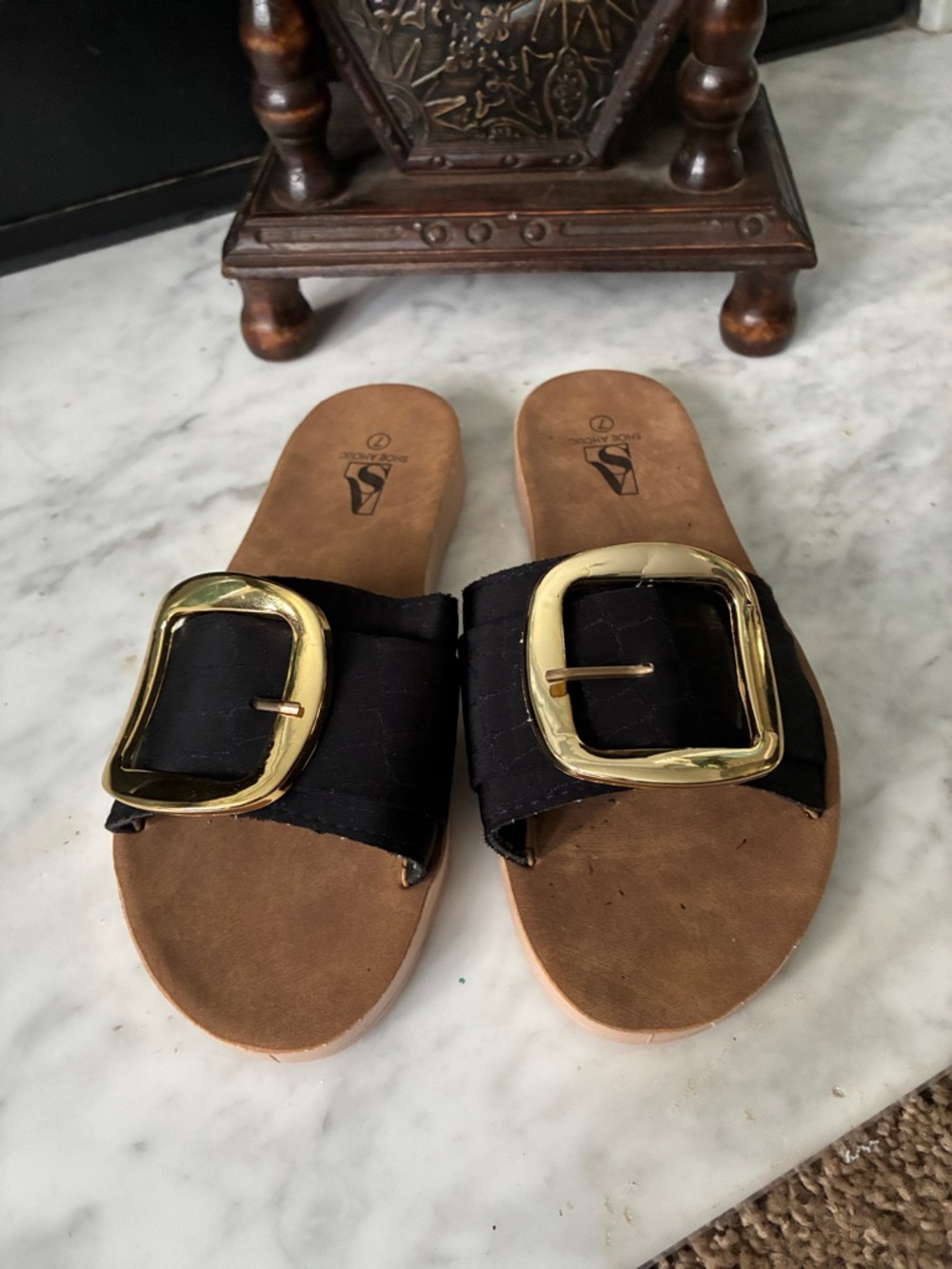 Shoe Aholic Black Slide Mules with Gold Buckles and Tan Footbed